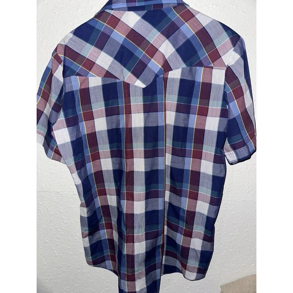 Ely Cattleman Western Blue Plaid Shirt Size Medium Pearl Snap Short Sleeve